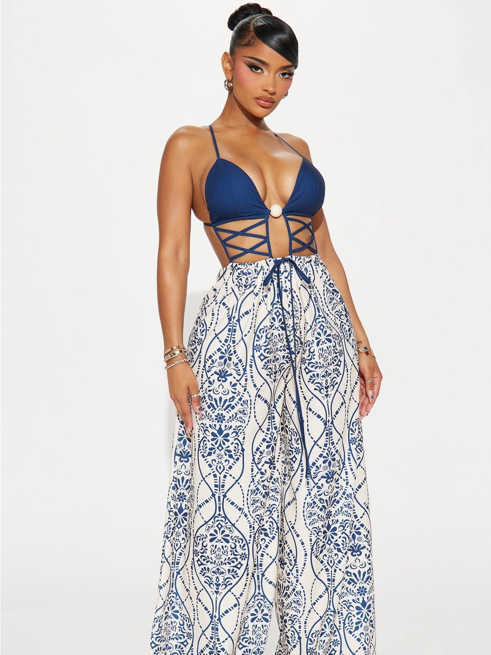 Navy Blue Strappy Bikini Top with Blue & White Printed Wide Leg Pants